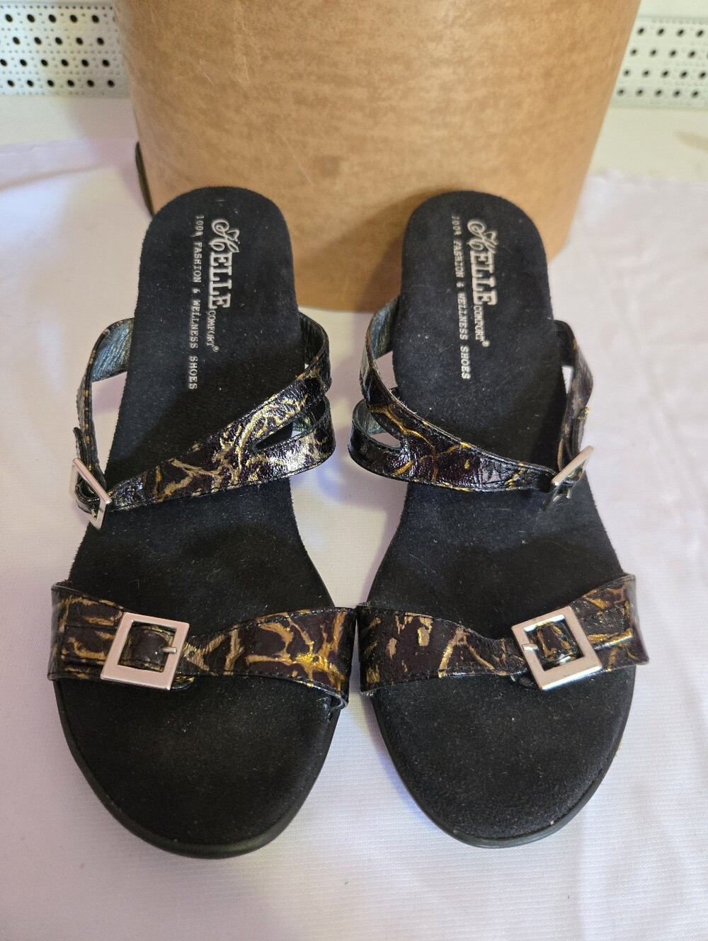 Helle Black and Metallic Brown Patterned Slide Sandals